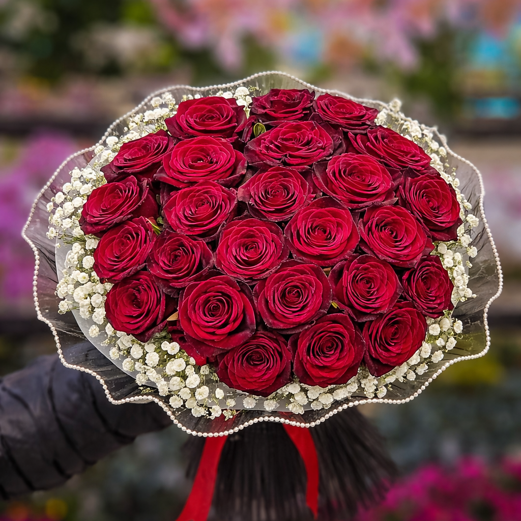 باقة روبي الرومانسية – 25 وردة حمراء