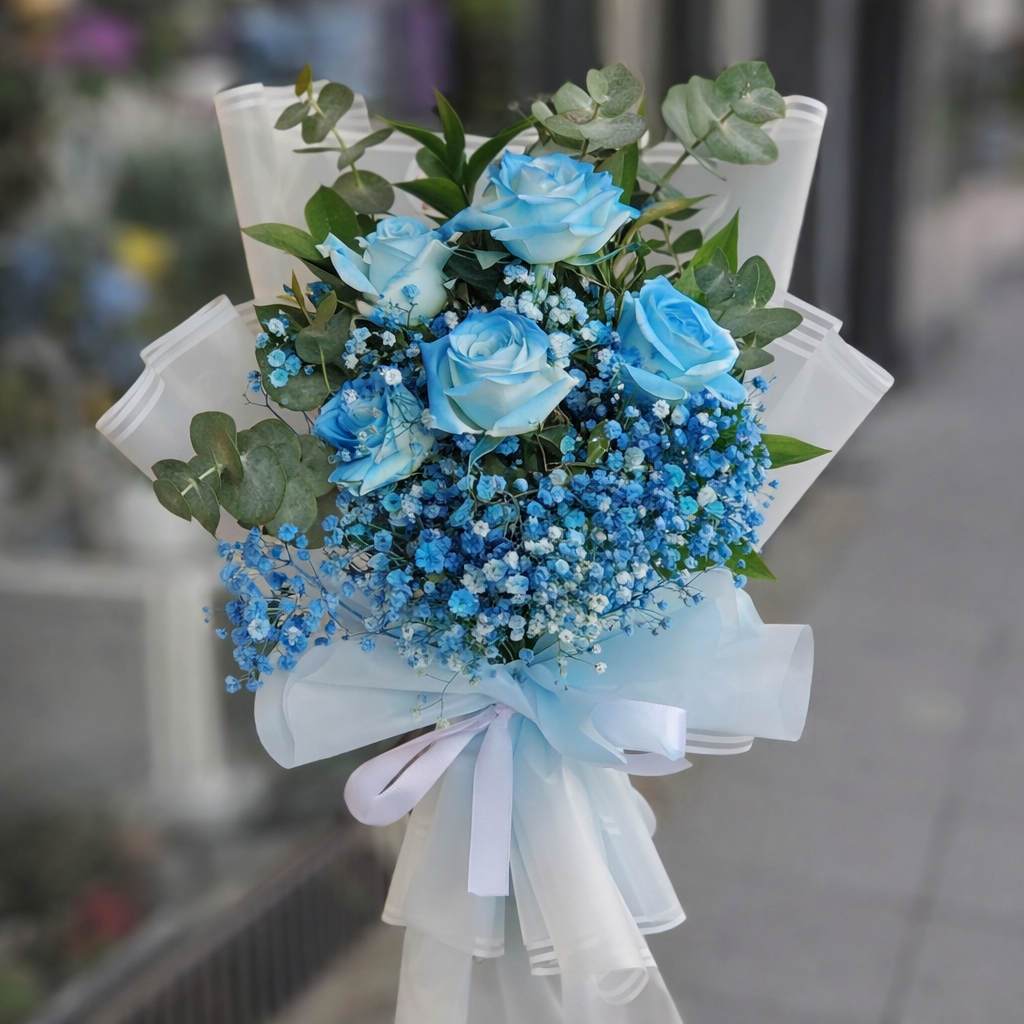 Blue Roses & Baby’s Breath Bouquet
