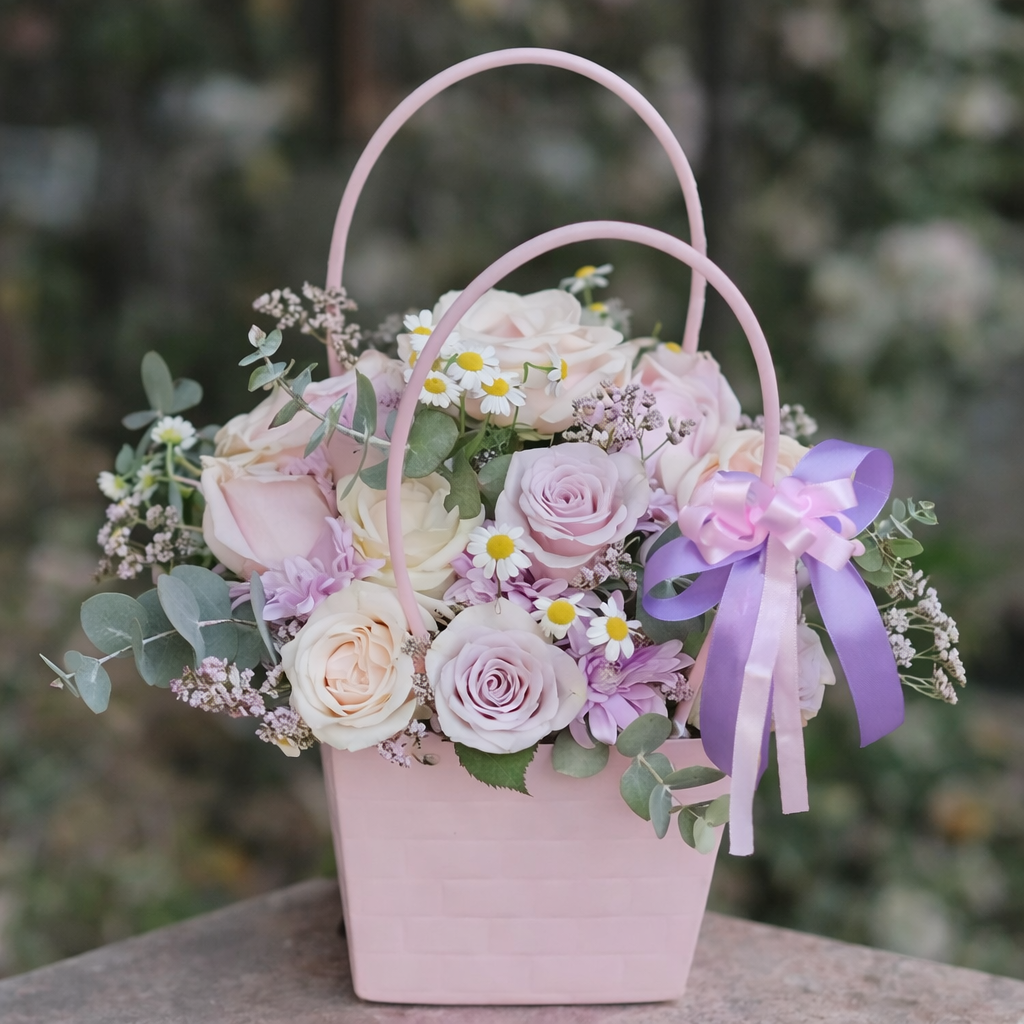 سلة زهور وردية فاتحة
