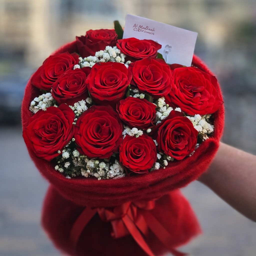 Crimson Velvet Rose Bouquet – 12 Red Roses