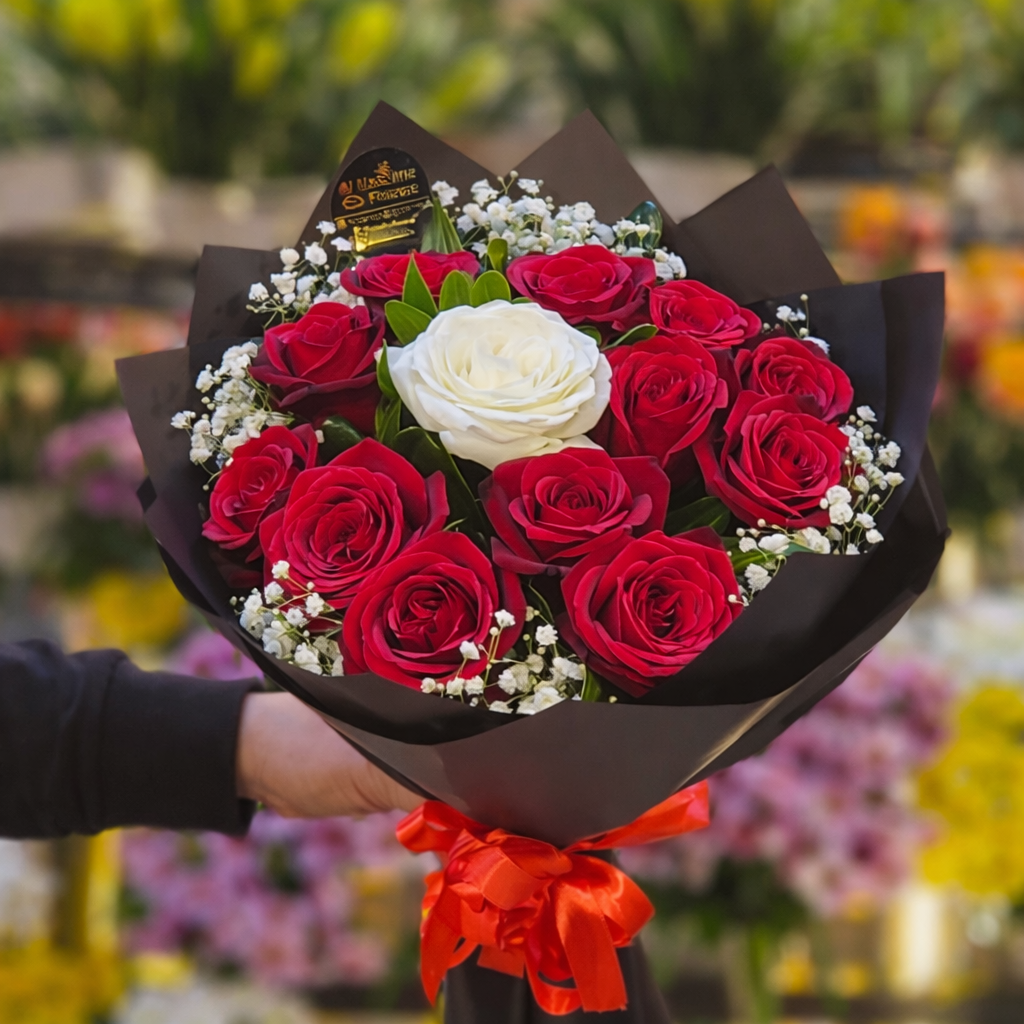 Classic Red & White Rose Elegance Bouquet – 13 Roses