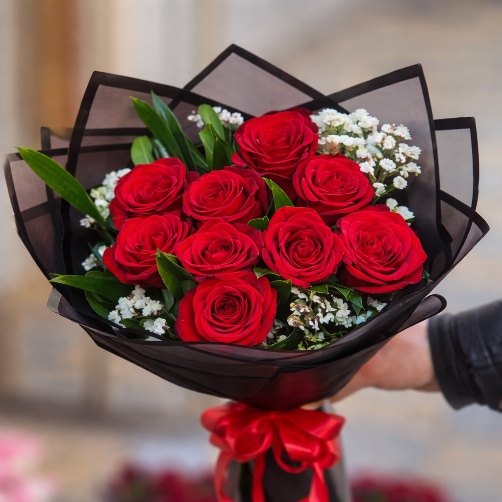 باقة رومانسية منتصف الليل – 10 ورود حمراء