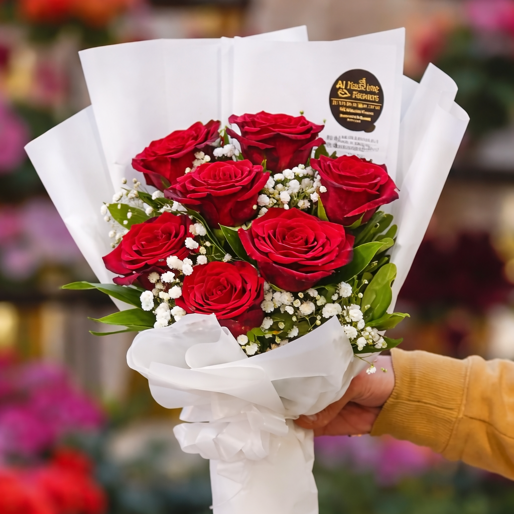 باقة أنيقة كلاسيكية من 7 ورود حمراء