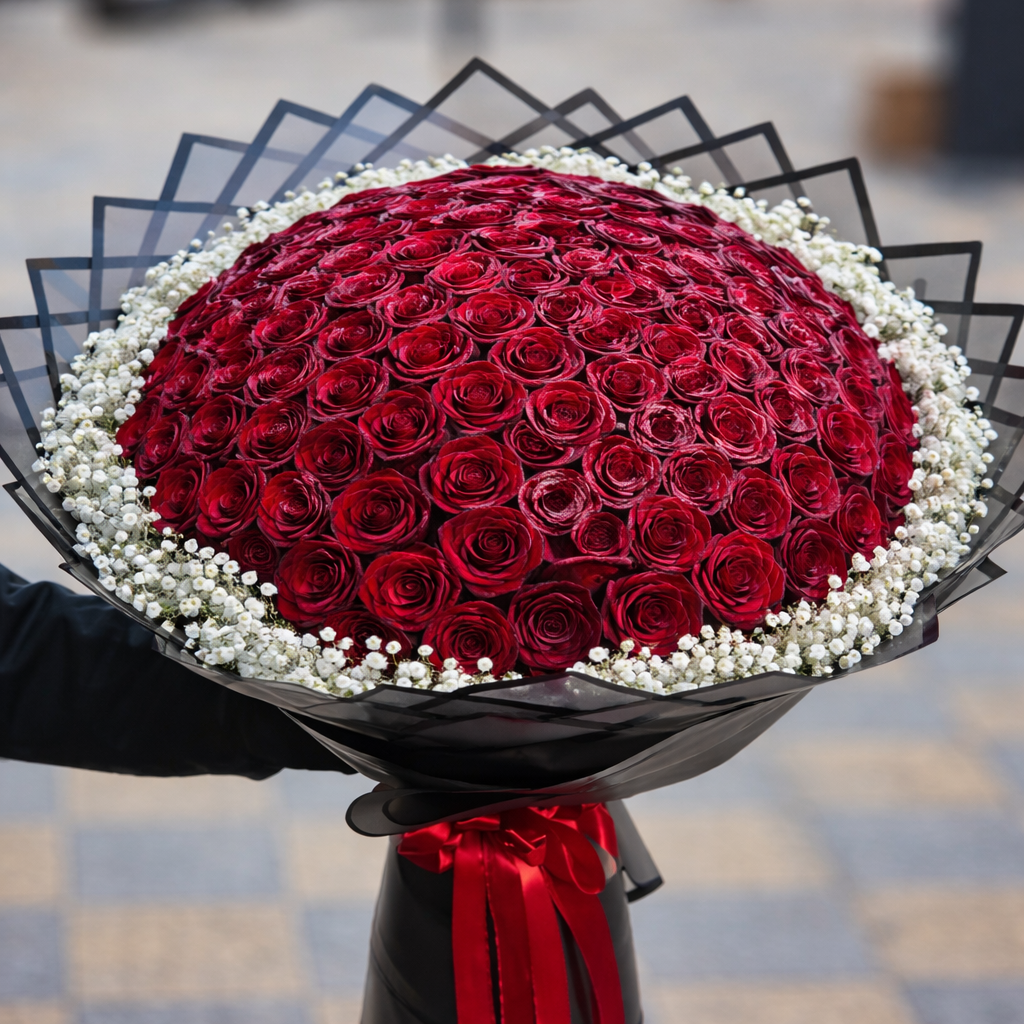 باقة كبيرة من الورود الحمراء الكلاسيكية – 100 وردة